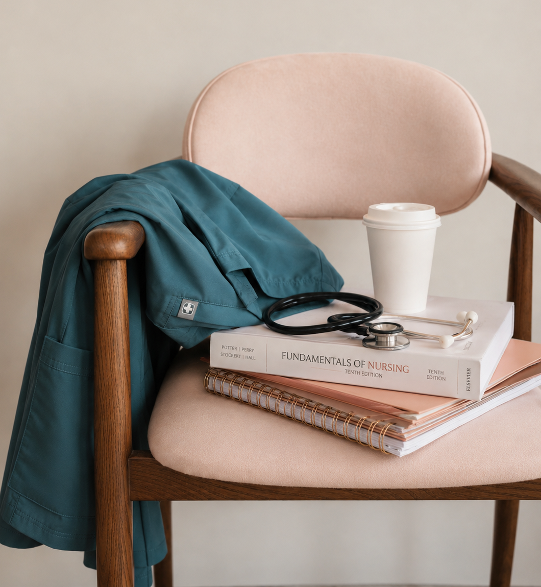 Teal scrubs and stethoscope draped over a chair beside a nursing textbook, symbolizing leaving bedside nursing